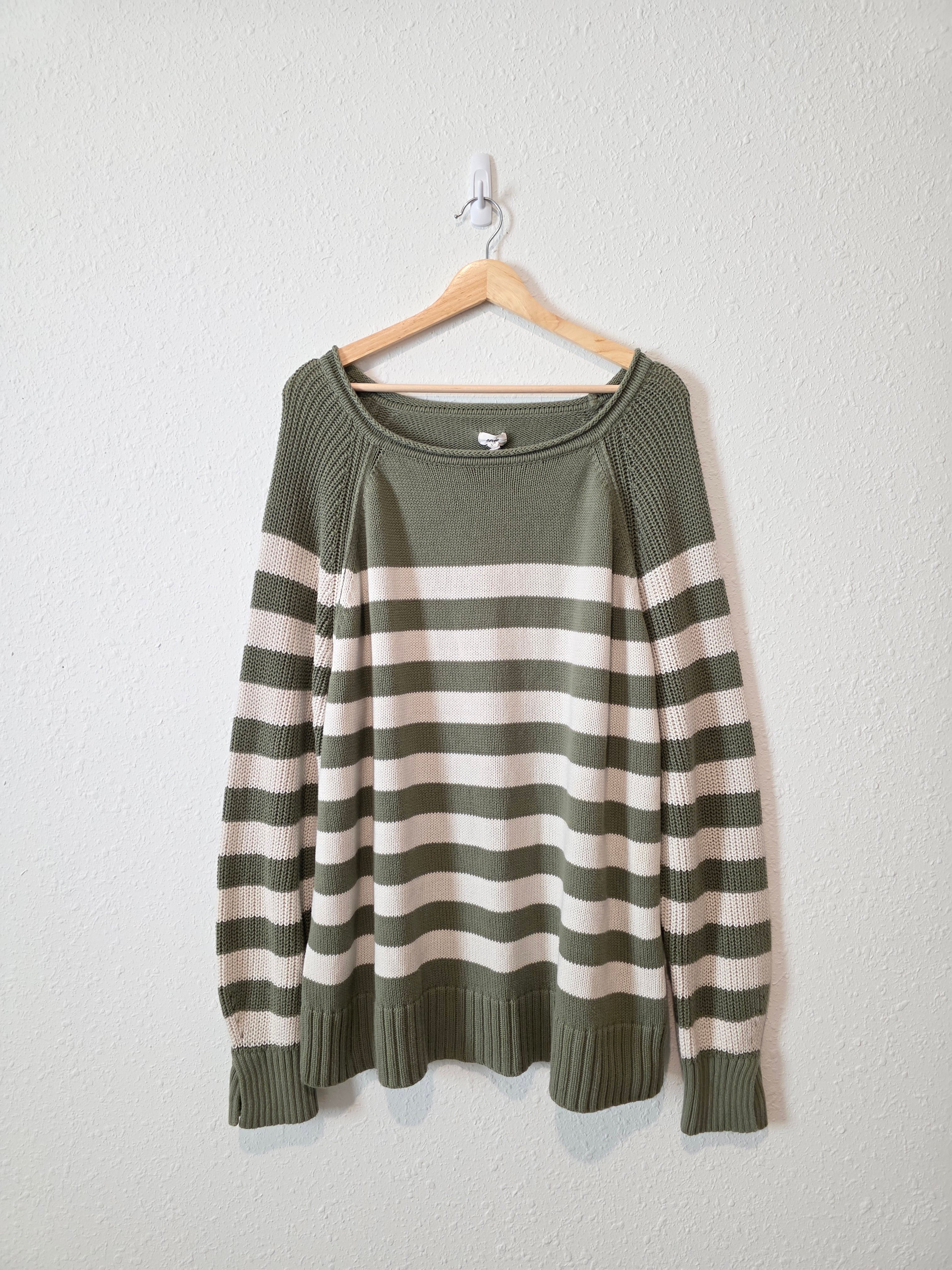 Aerie Green Striped Cotton Sweater (L)