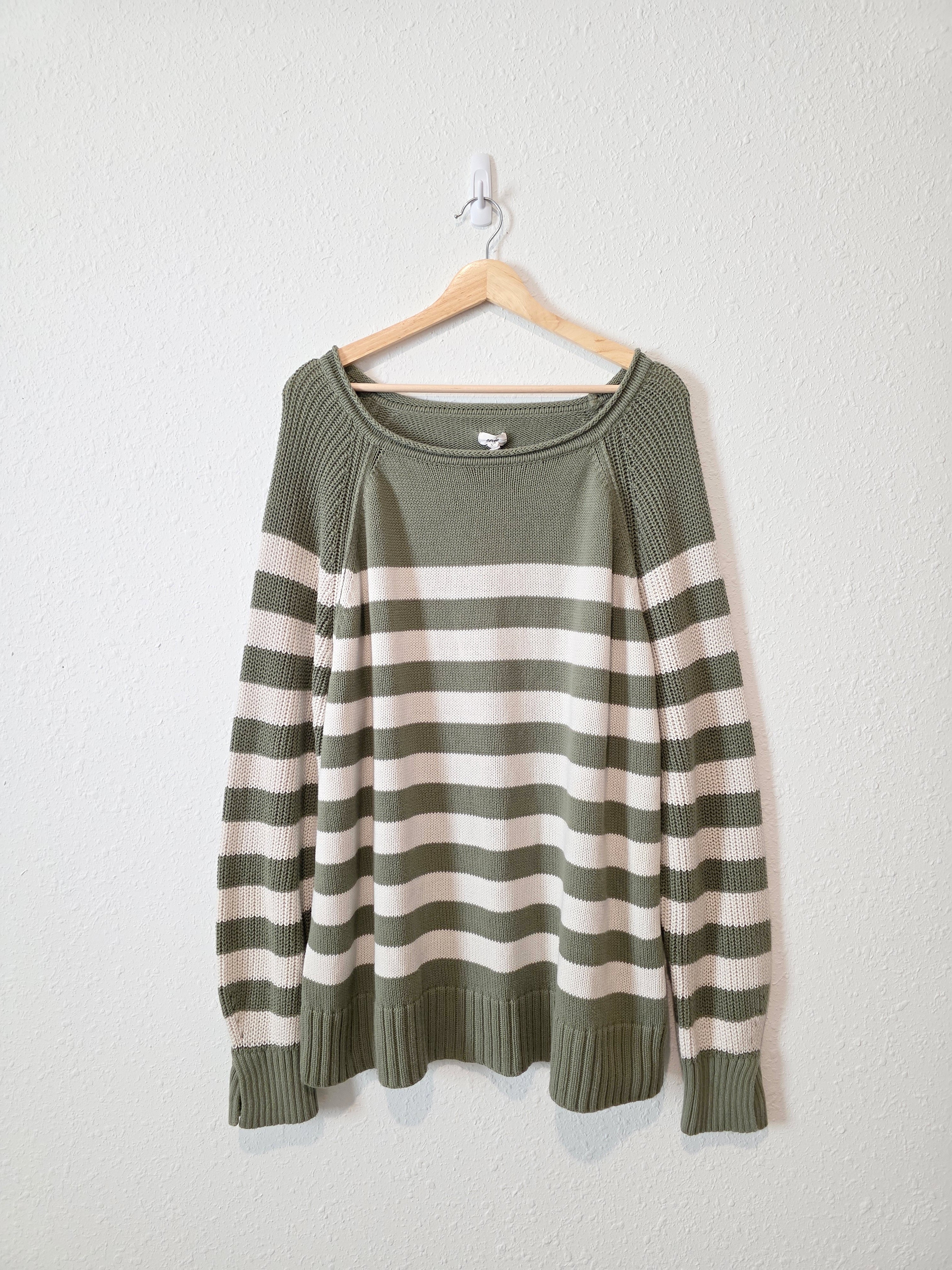 Aerie Green Striped Cotton Sweater (L)