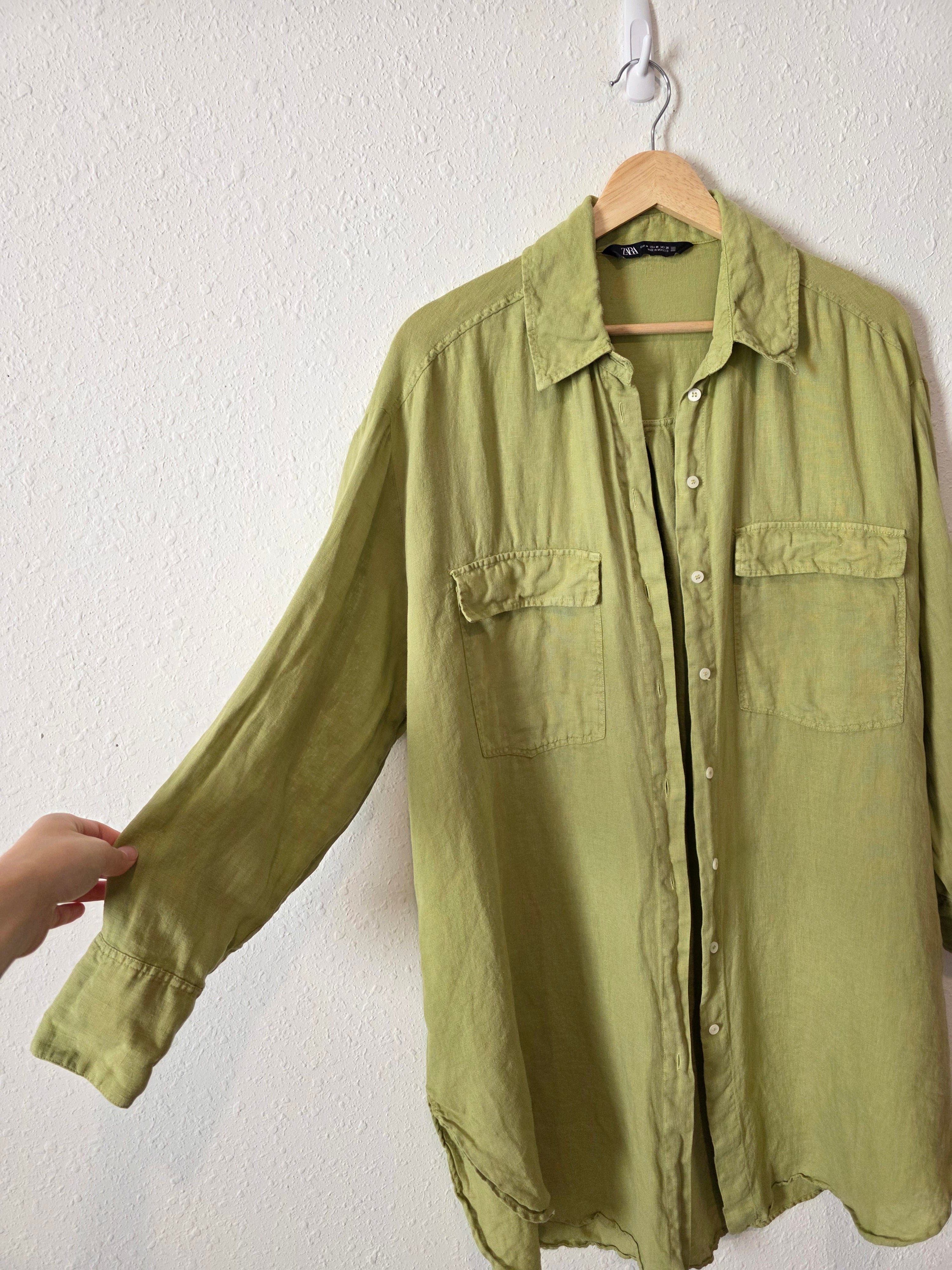 Zara Green Oversized Linen Shirt (M)