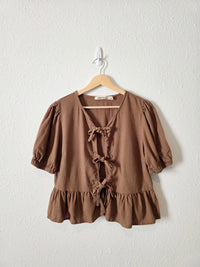 Brown Linen Blend Tie Front Top (L)