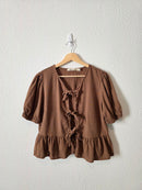Brown Linen Blend Tie Front Top (L)