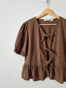 Brown Linen Blend Tie Front Top (L)
