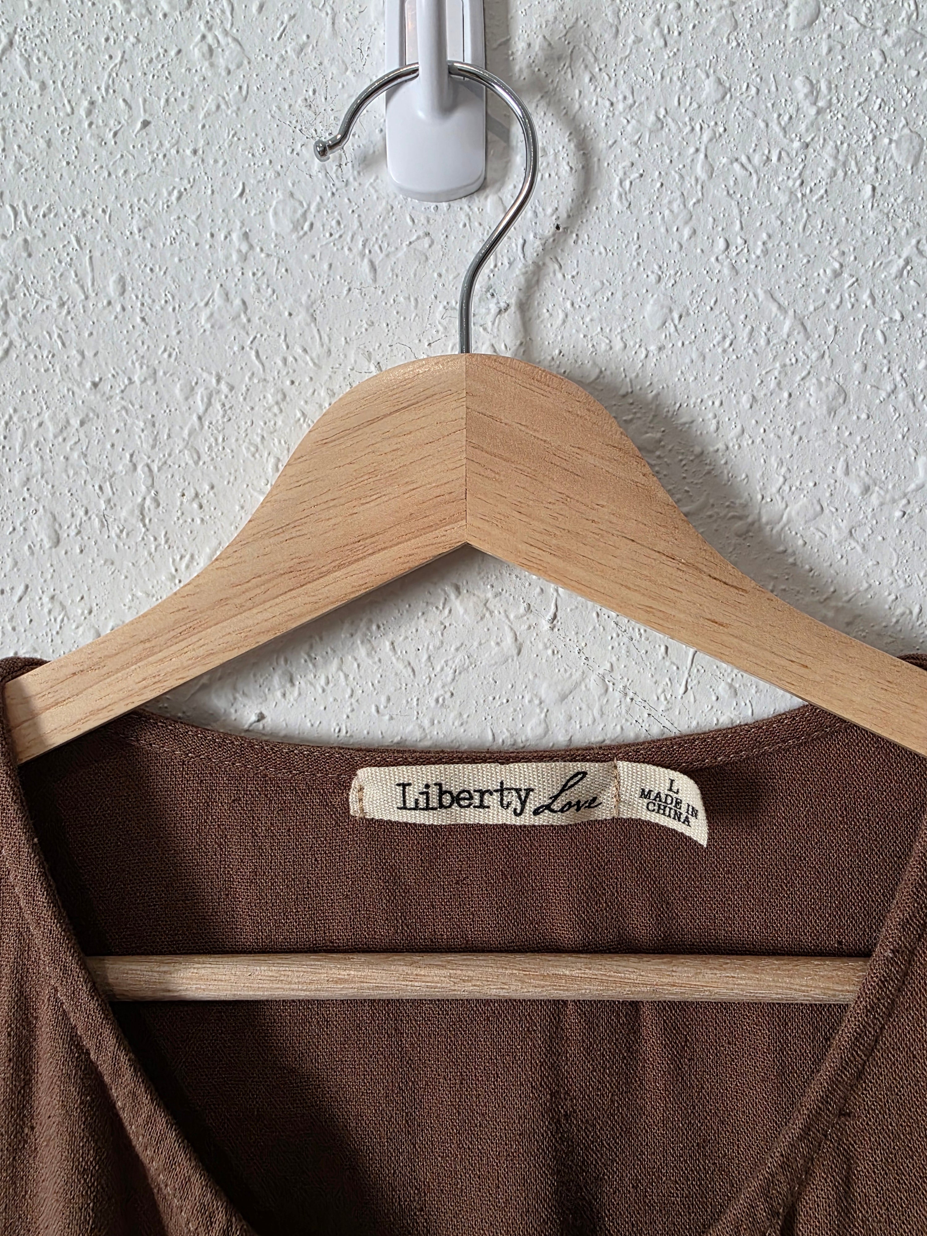 Brown Linen Blend Tie Front Top (L)