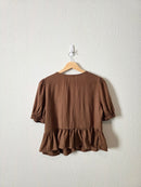 Brown Linen Blend Tie Front Top (L)