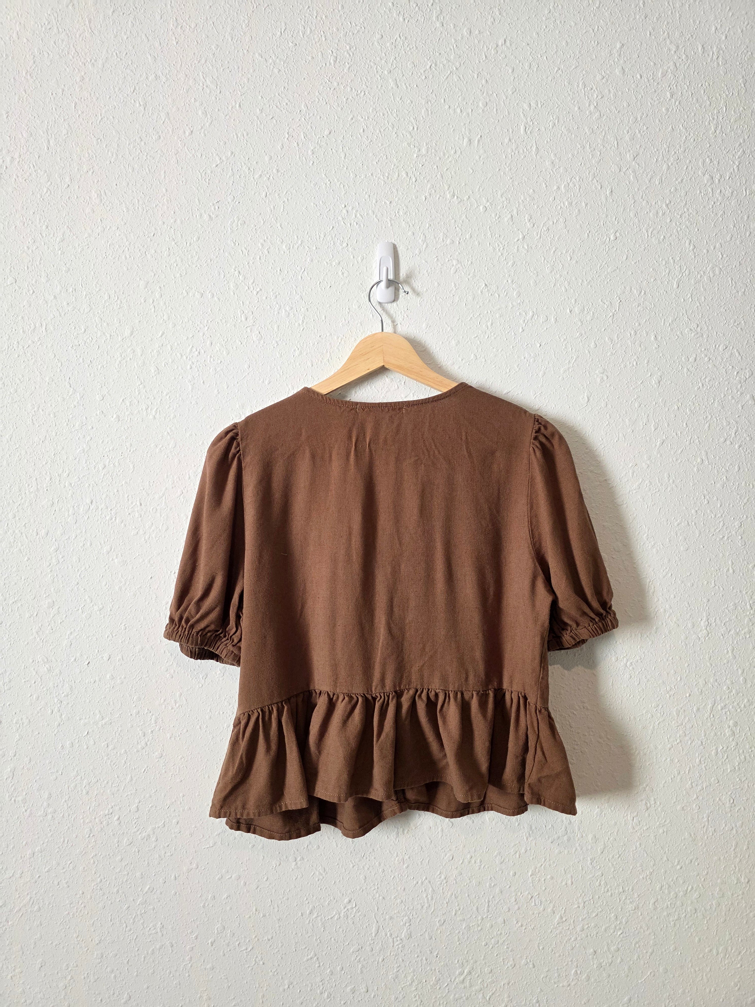 Brown Linen Blend Tie Front Top (L)