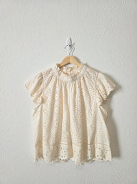 Cream Button Back Eyelet Top (L)