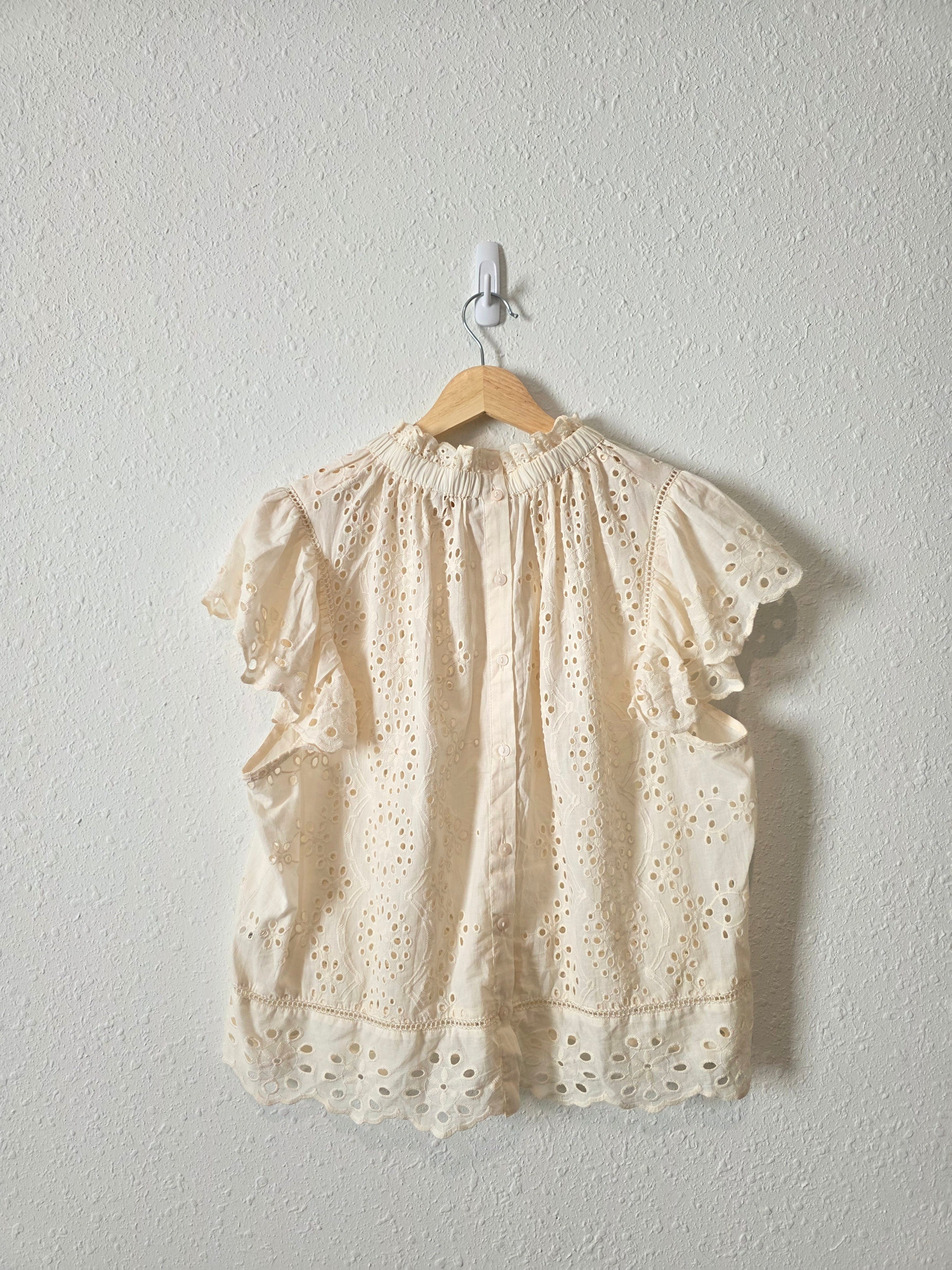 Cream Button Back Eyelet Top (L)