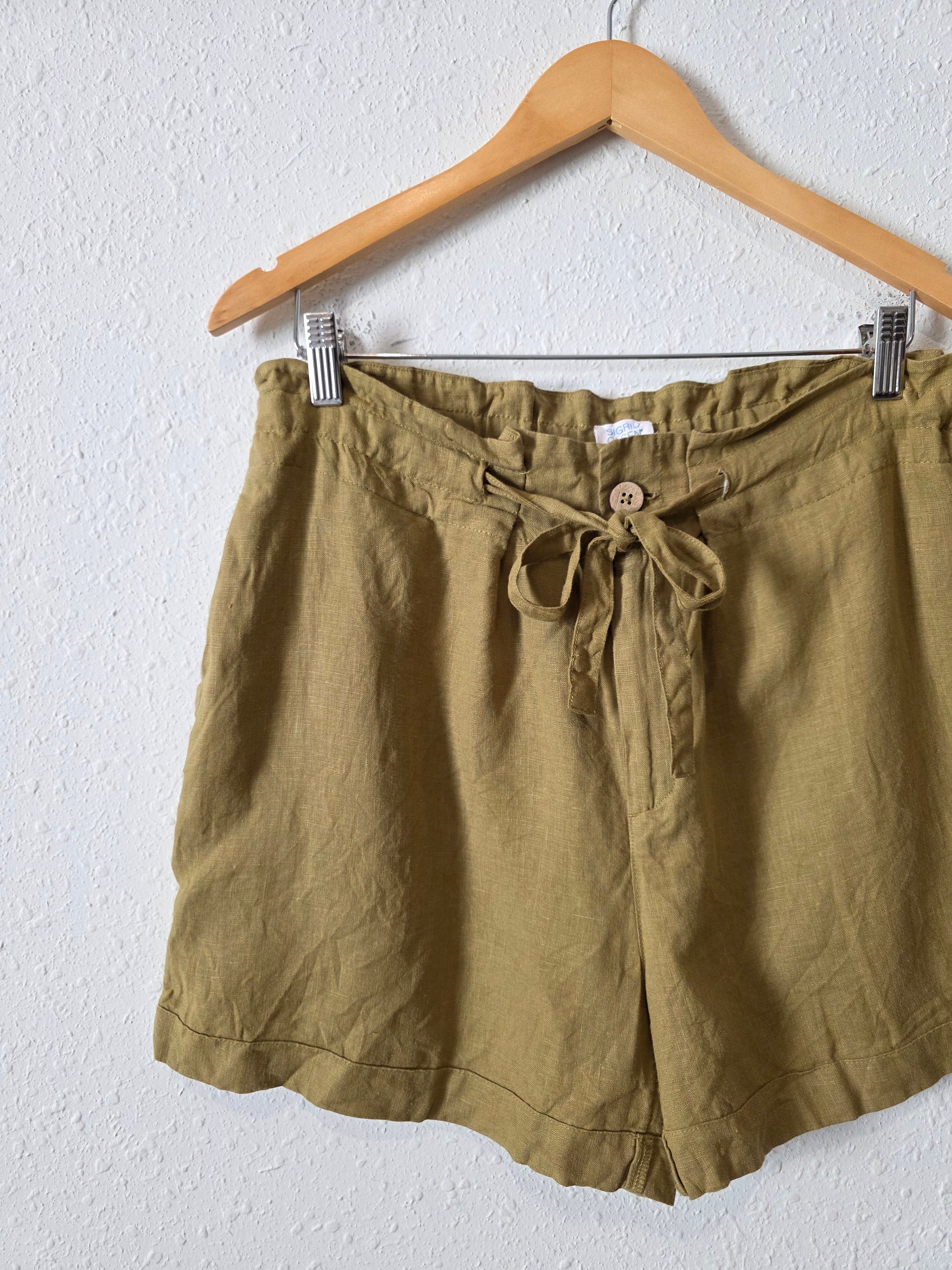 Olive Tie Waist Linen Shorts (L)
