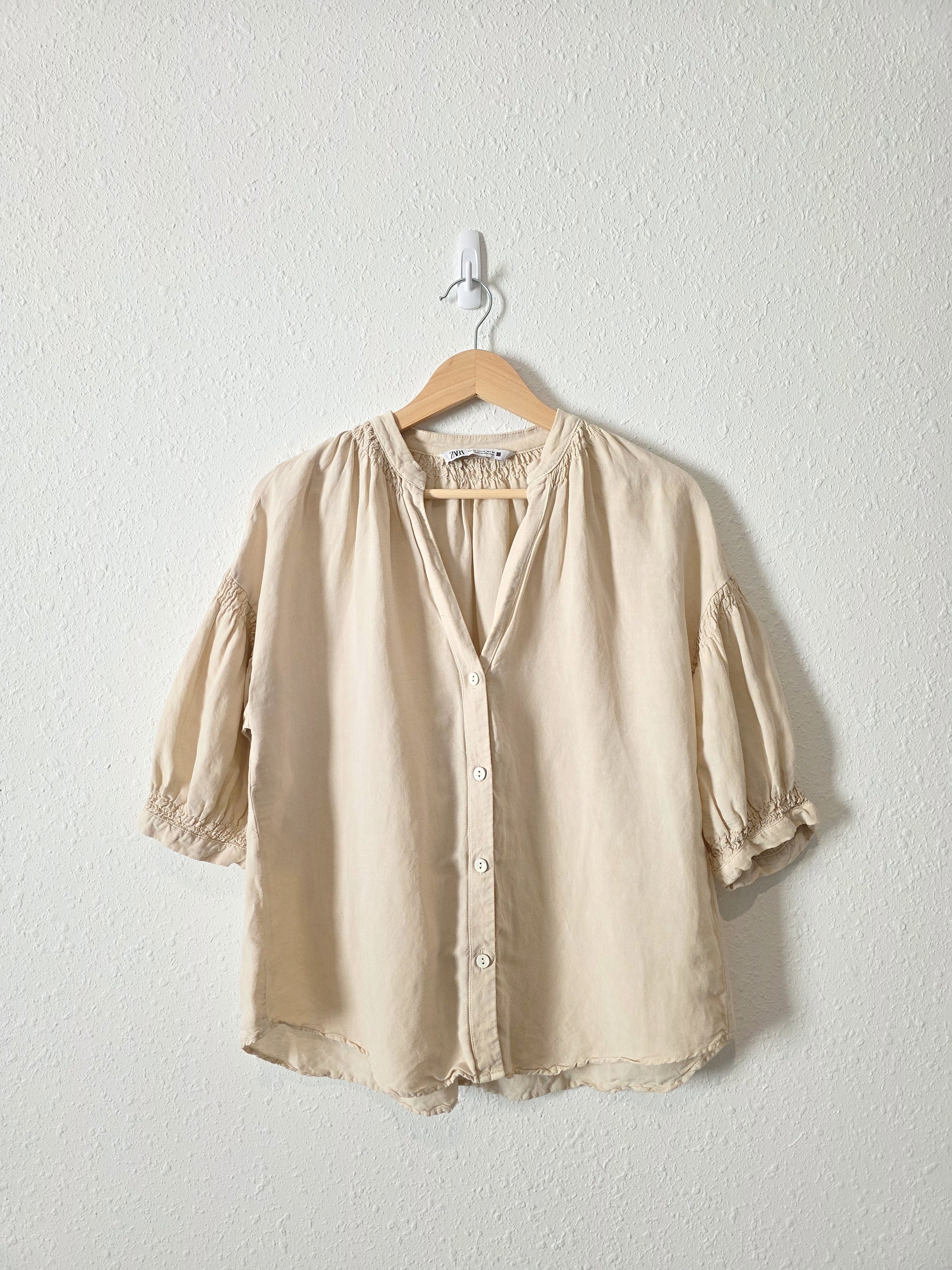 Zara Neutral Oversized Linen Top (XS)