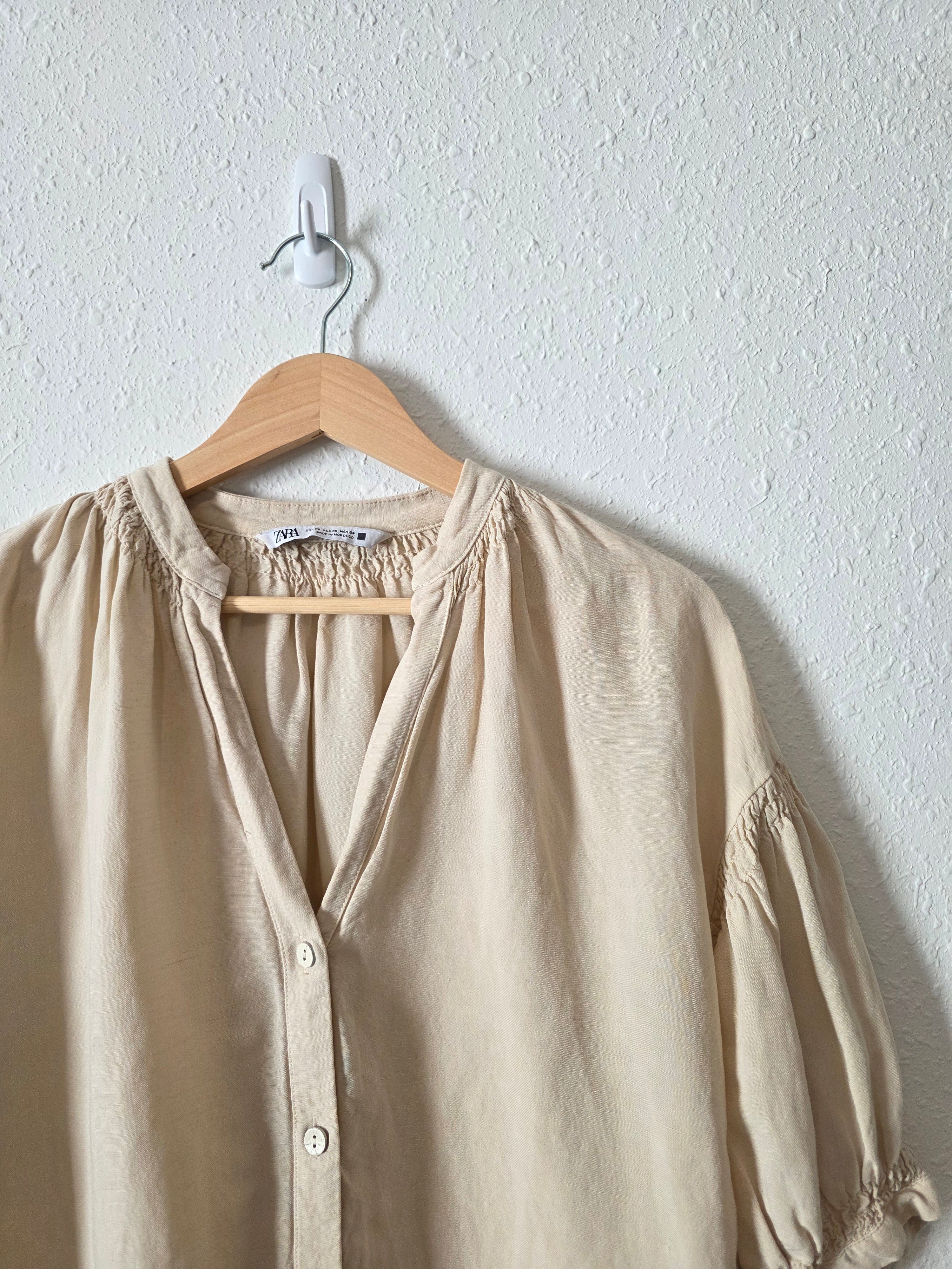 Zara Neutral Oversized Linen Top (XS)