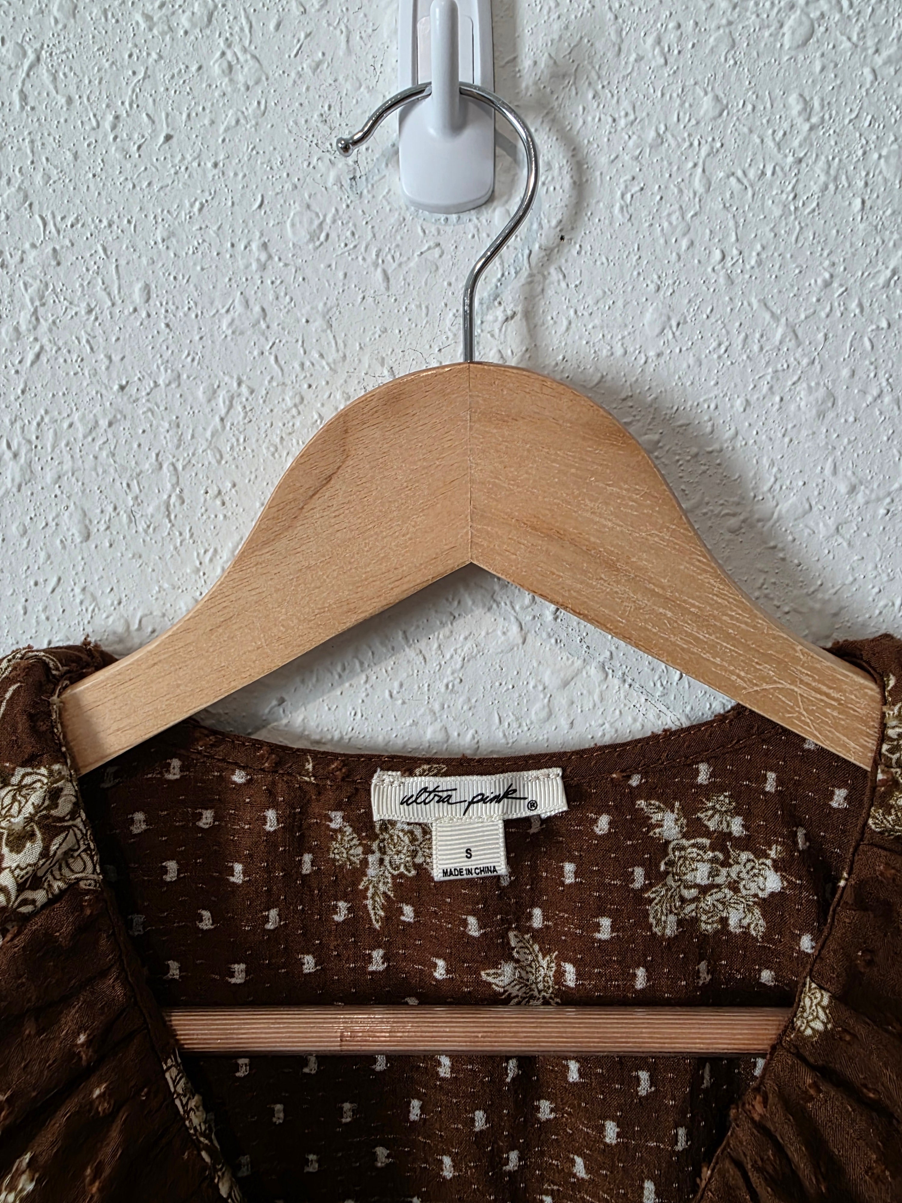 Brown Floral Puff Sleeve Top (S)