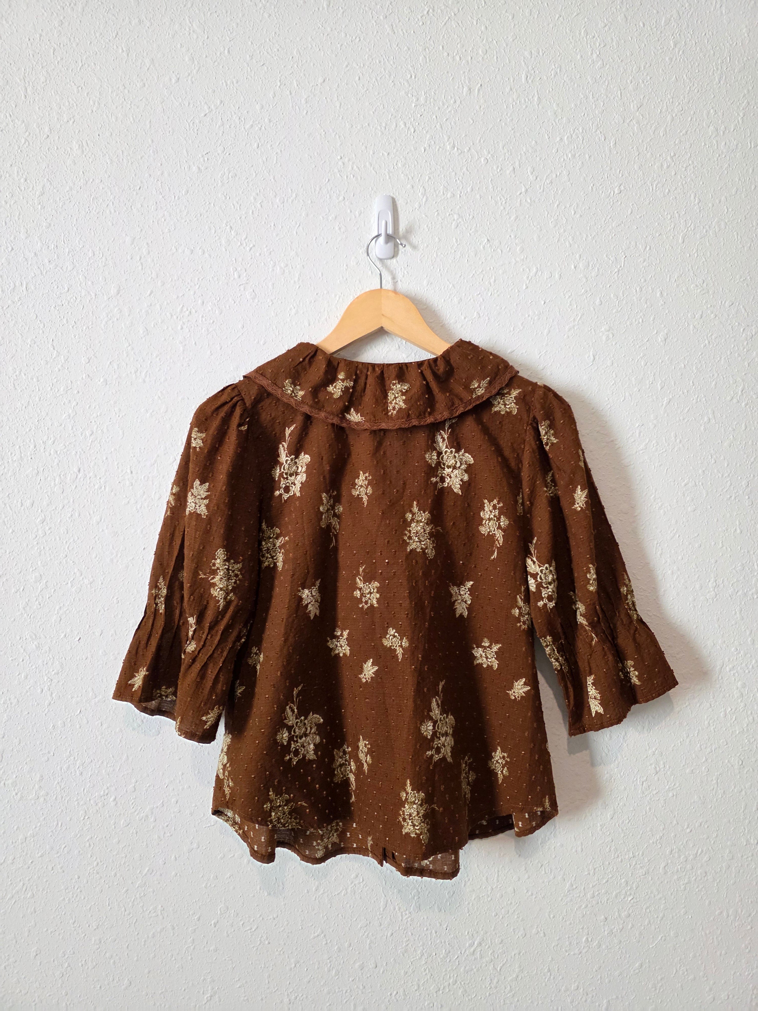 Brown Floral Puff Sleeve Top (S)