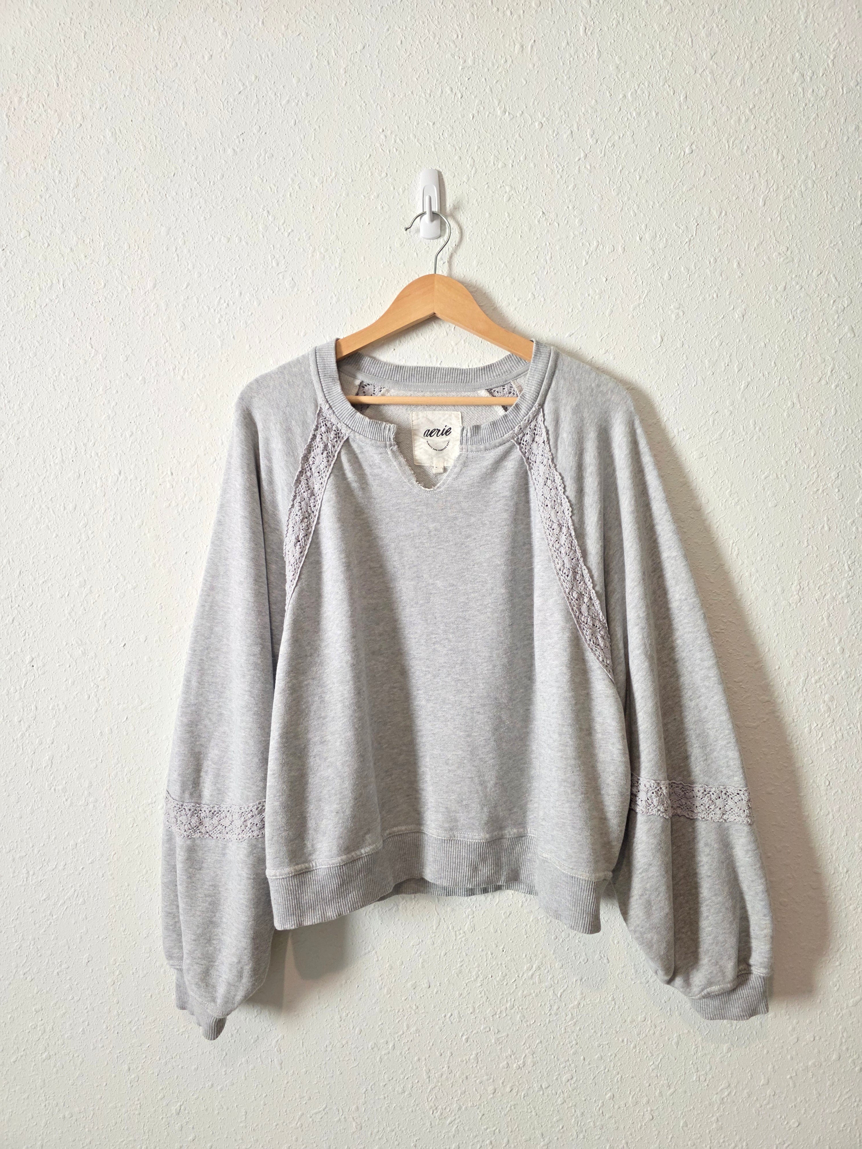 Aerie Gray Crochet Sweatshirt (M)