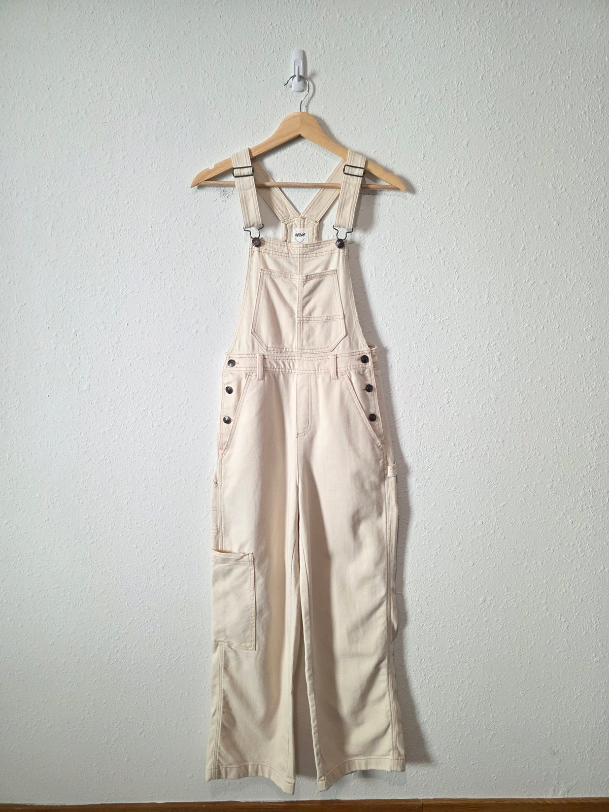 Aerie Ecru Straight Denim Overalls (XXS)