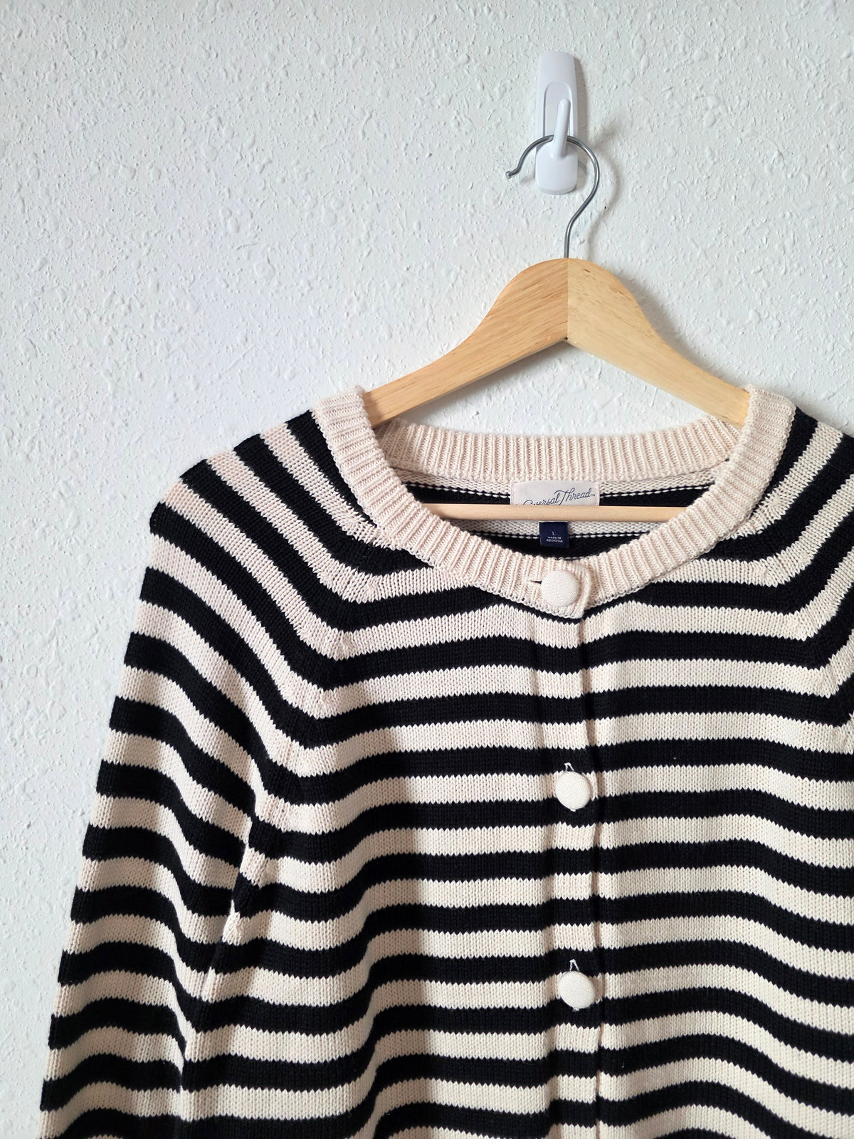 Striped Cotton Crewneck Cardigan (L)