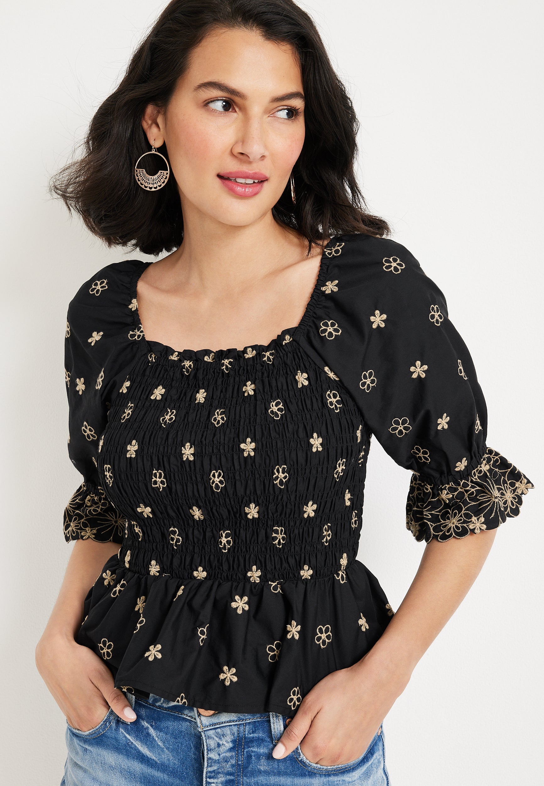 NEW Floral Embroidered Smocked Top (S)