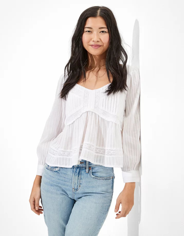 Textured Long Sleeve Babydoll Blouse (M)