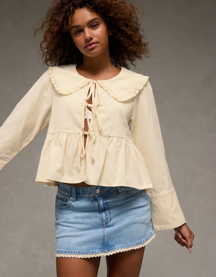 Cream Corduroy Tie Front Blouse (M)