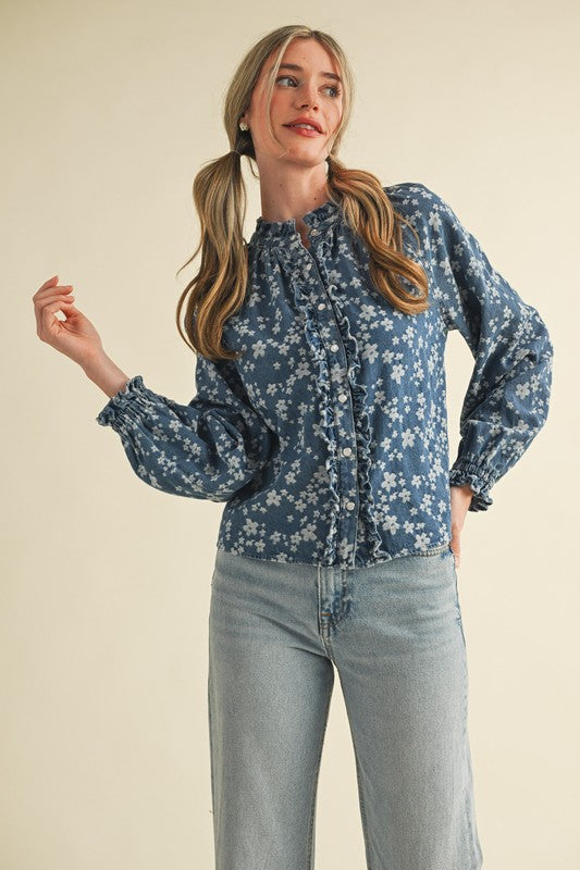&Merci Floral Denim Snap Button Top (M)