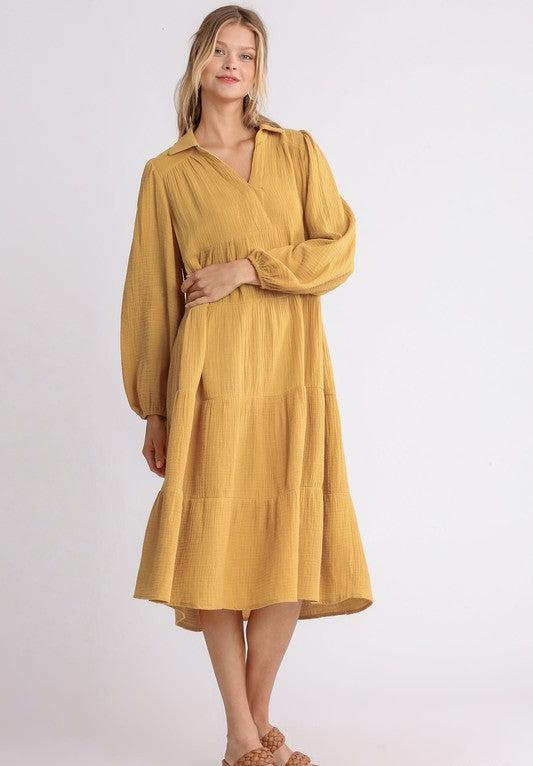 Umgee Mustard Gauze Midi Dress (M)