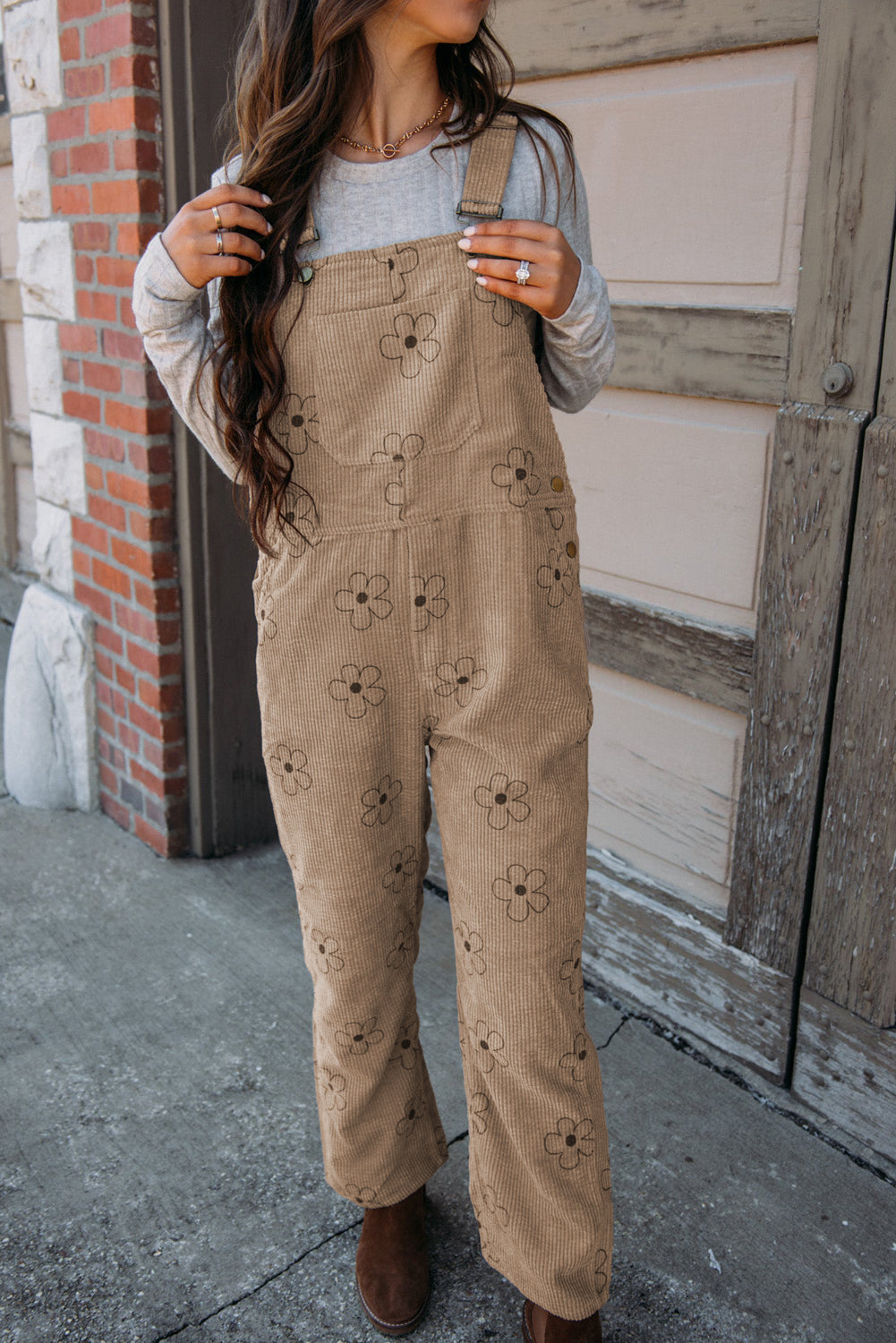 Neutral Floral Corduroy Overalls (L)