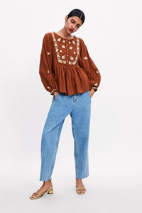Zara Embroidered Puff Sleeve Top (S)