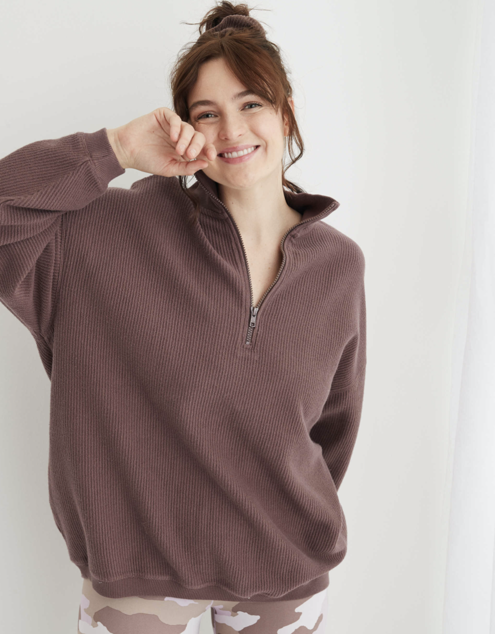 Aerie Brown Rib Quarter Zip Pullover (XS)