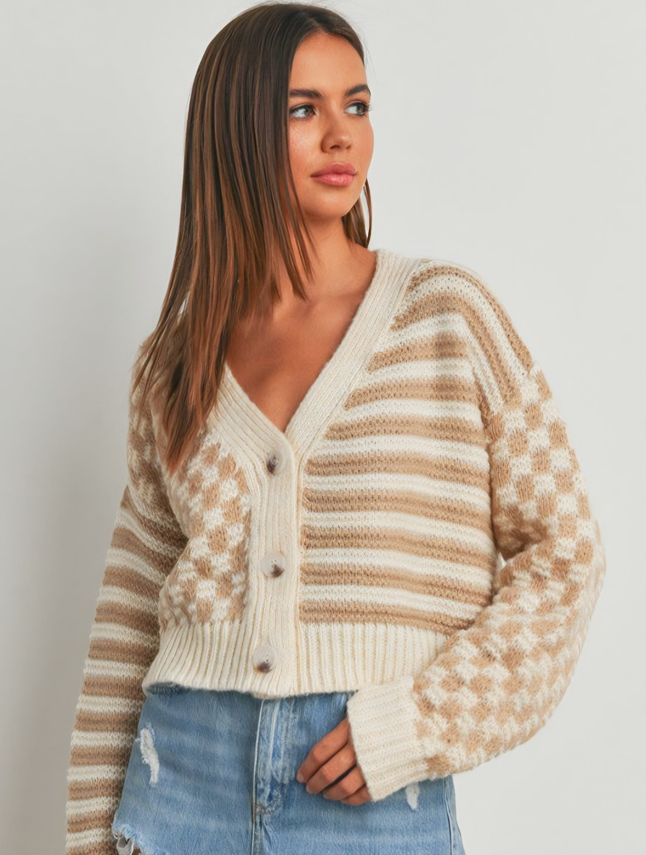 Neutral Checkered Cardigan (M)