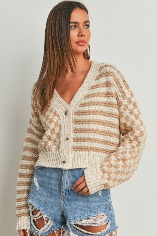 Neutral Checkered Striped Cardigan (M)