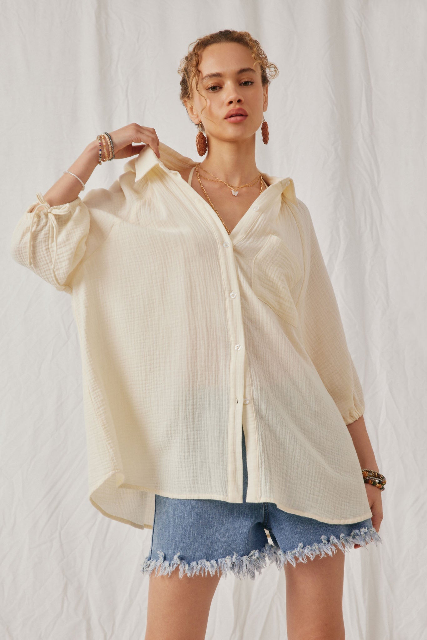POL Cream Gauze Oversized Top (L)