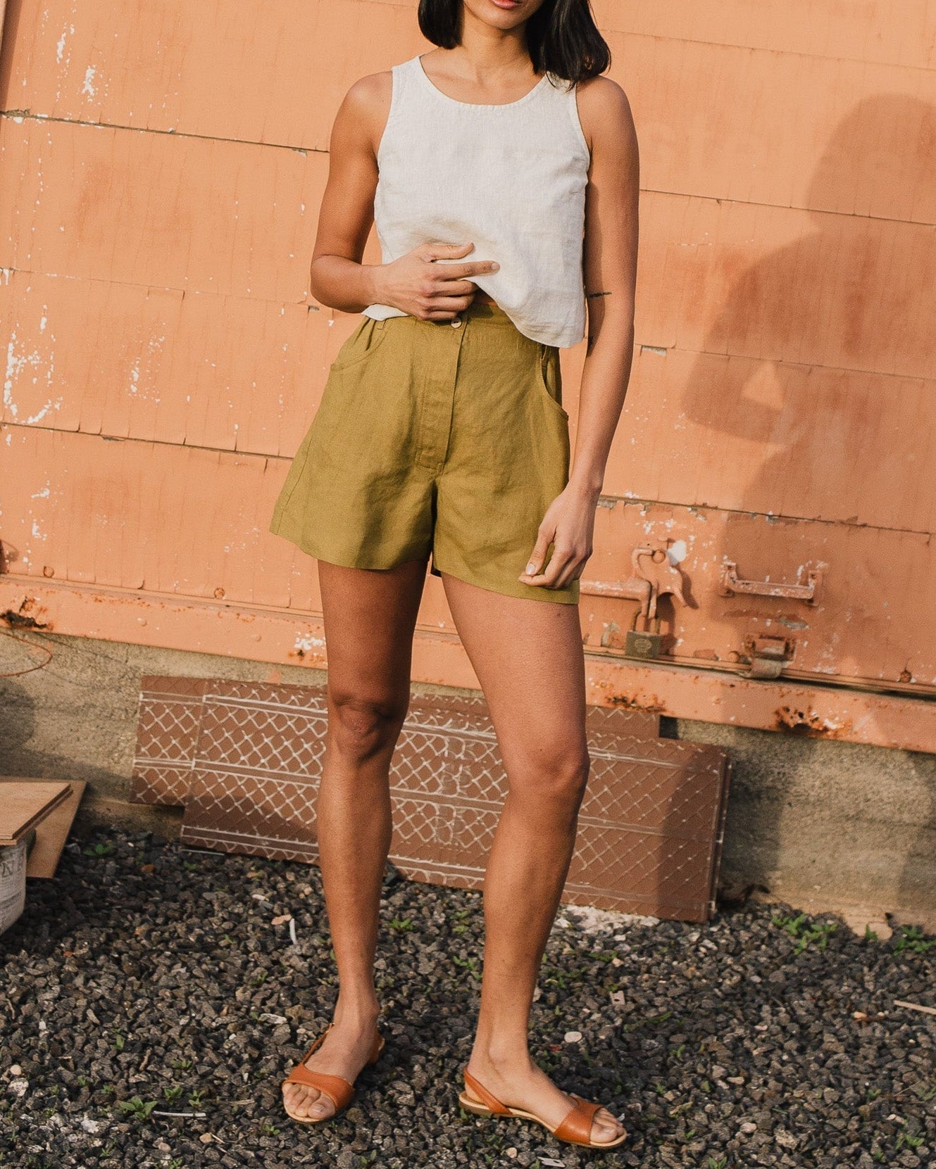 Olive Tie Waist Linen Shorts (L)