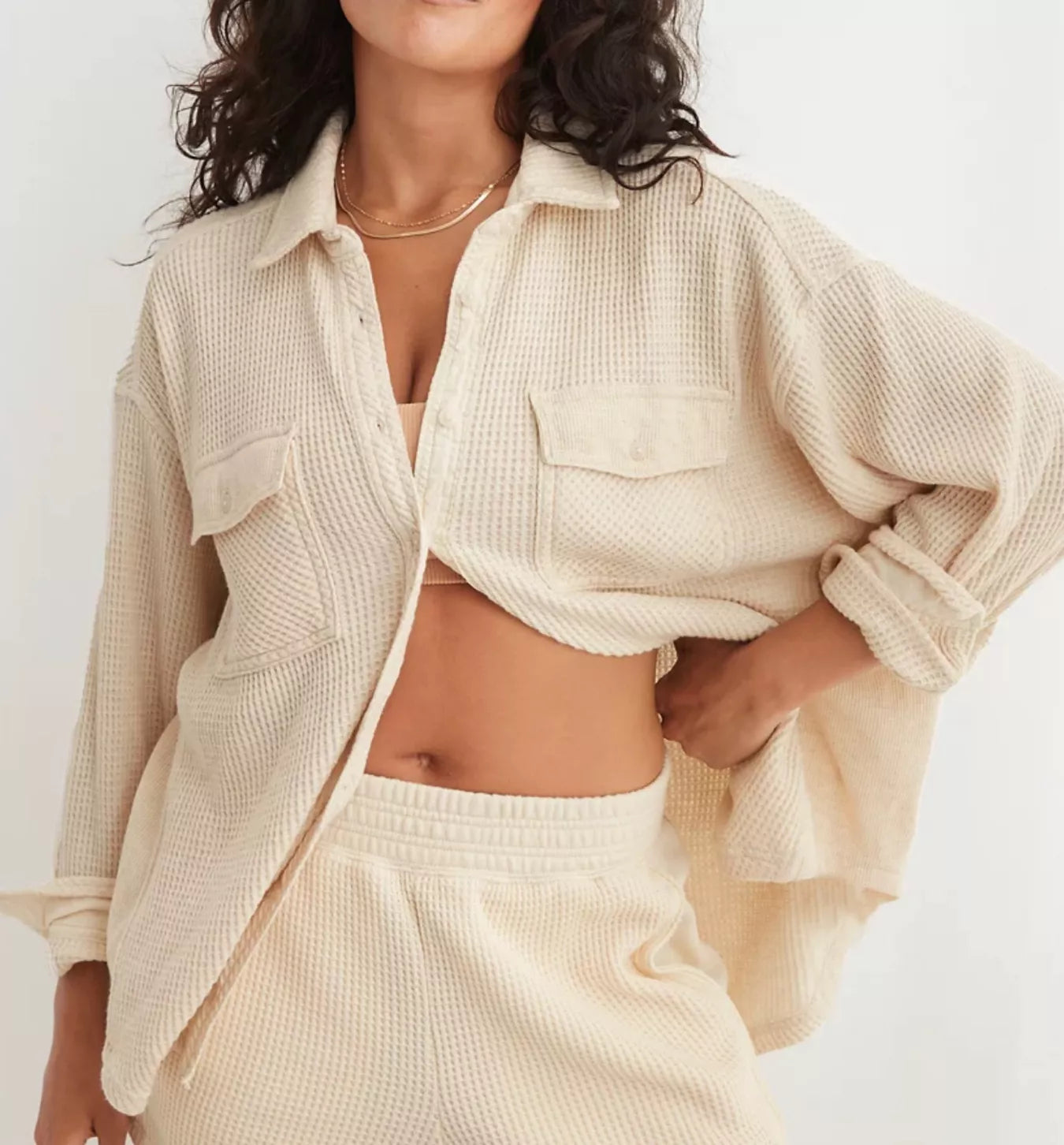 Aerie Oat Waffle Shirt Jacket (S)