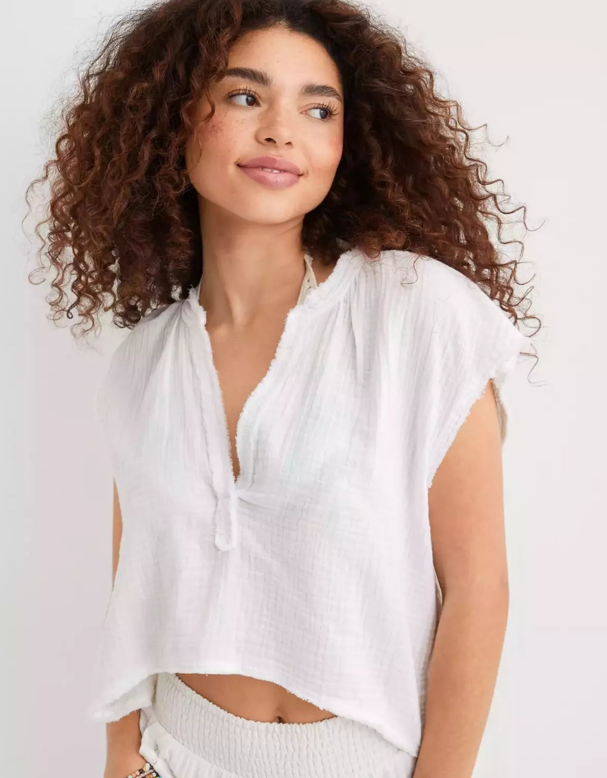 Aerie White Gauze Crop Tee (XS)