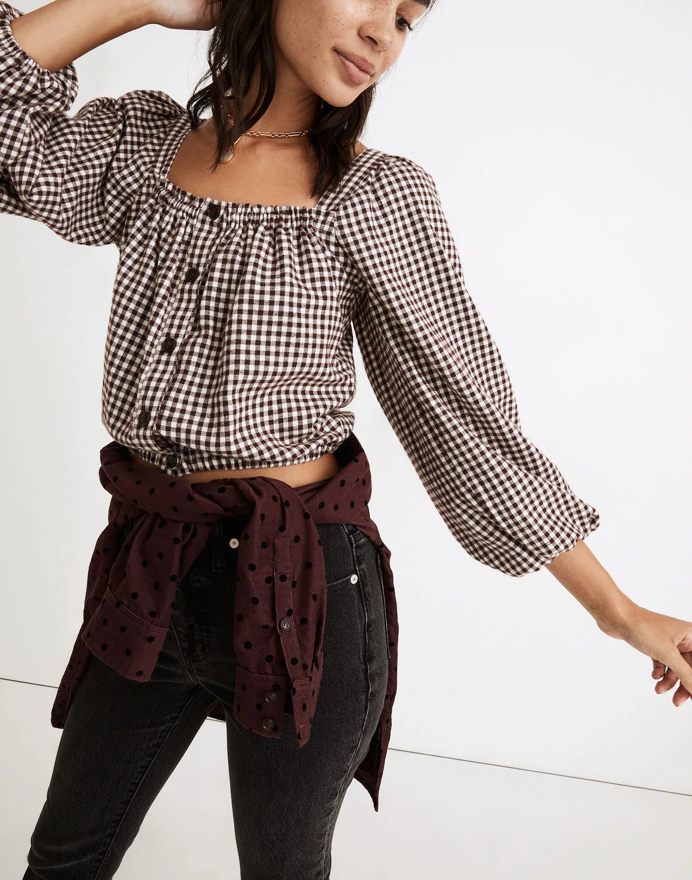Madewell Puff Sleeve Checkered Top (M)