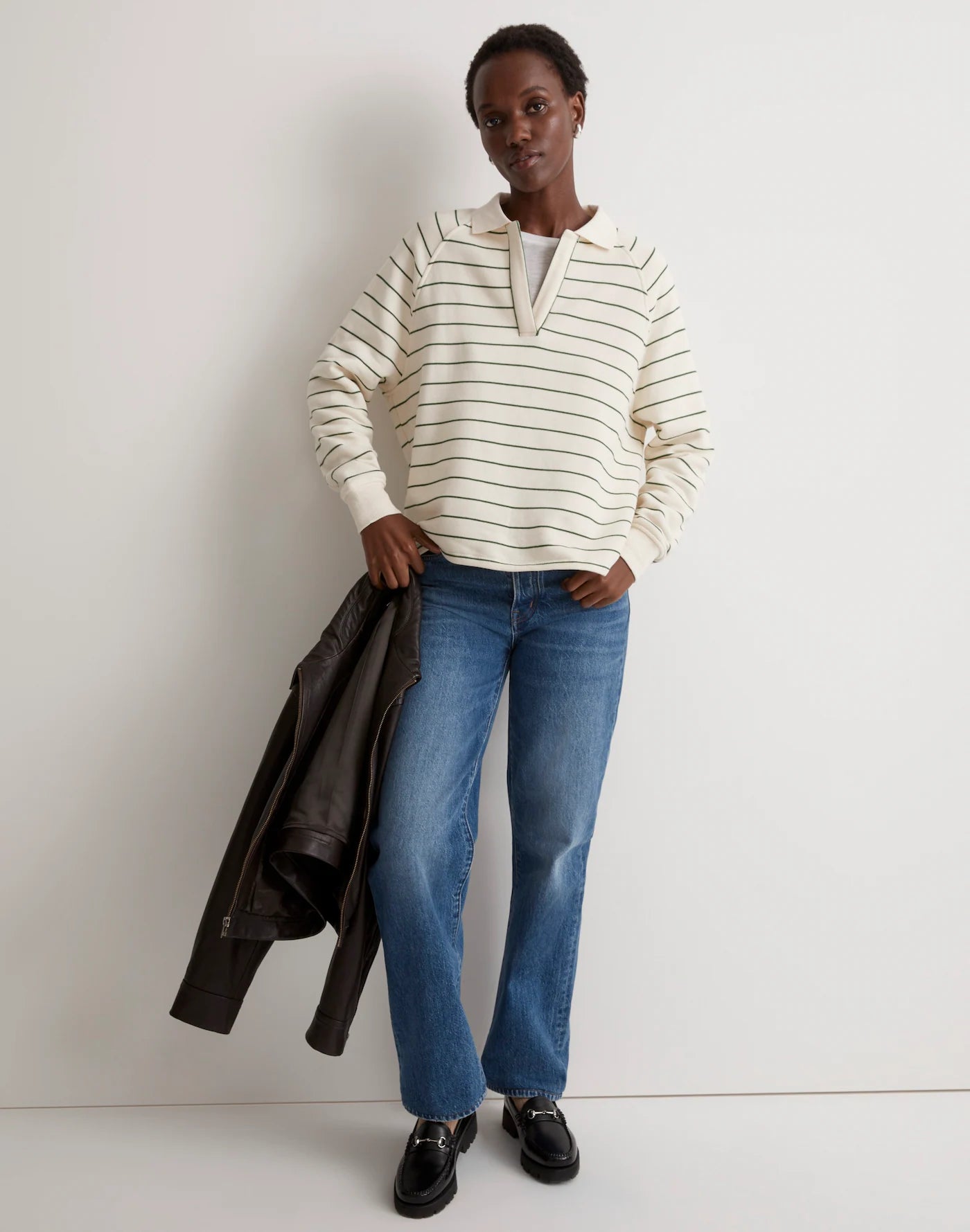 Madewell Green Striped Polo Sweatshirt (M)