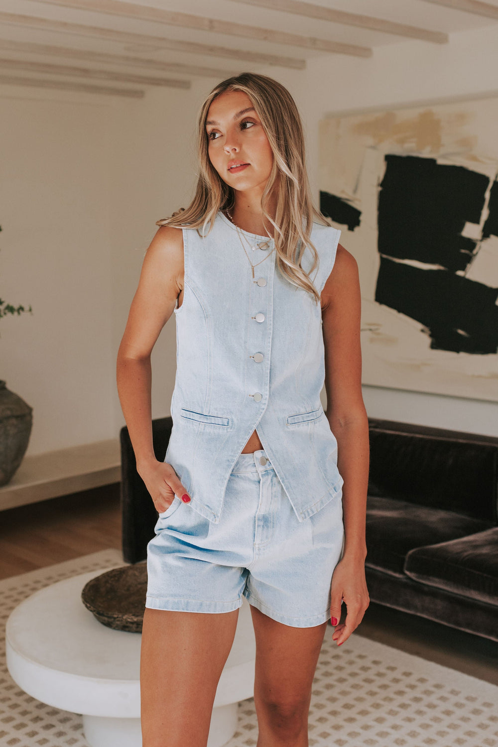 Le Lis Denim Button Up Vest (L)