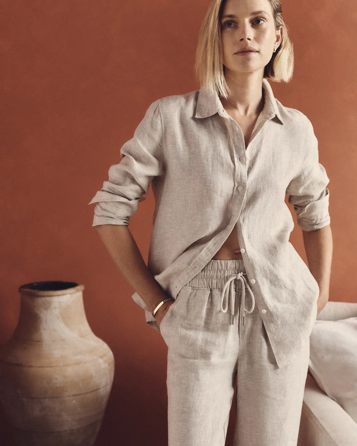 Quince Neutral Linen Button Up (L)