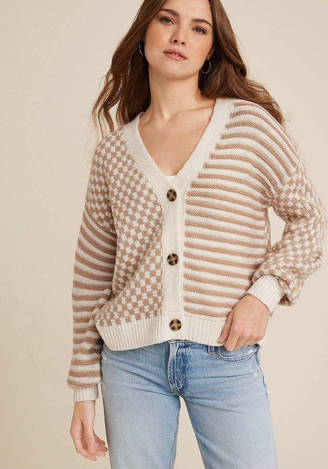 Neutral Checkered Striped Cardigan (M)