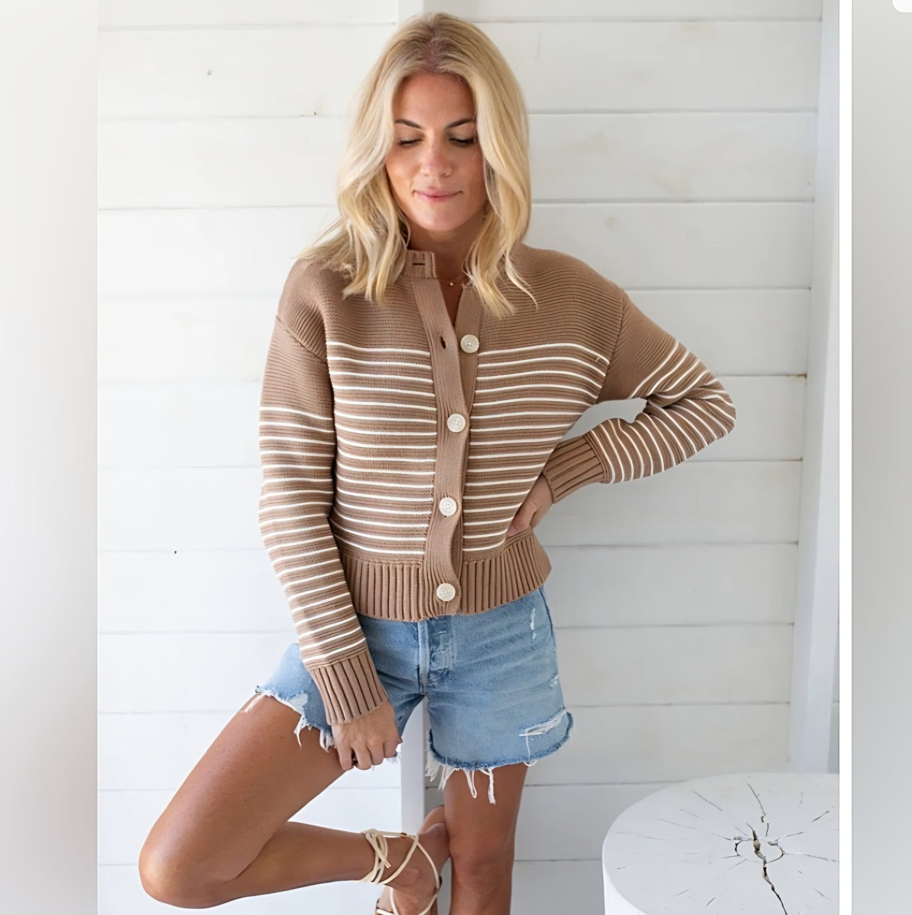 Marea Brown Striped Cotton Cardigan (XL)