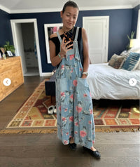 Wide Leg Floral Denim Overalls (M)