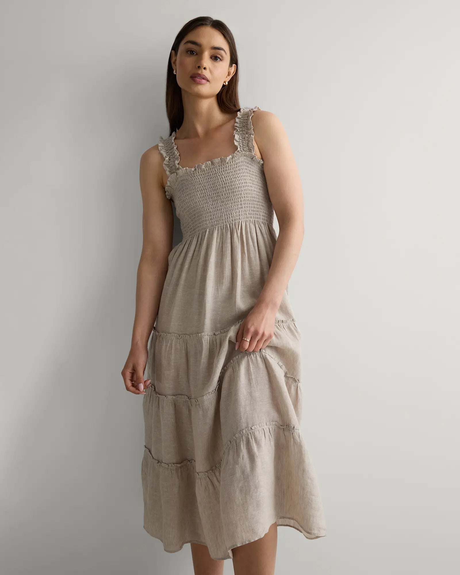 Quince Smocked Linen Midi Dress (M)