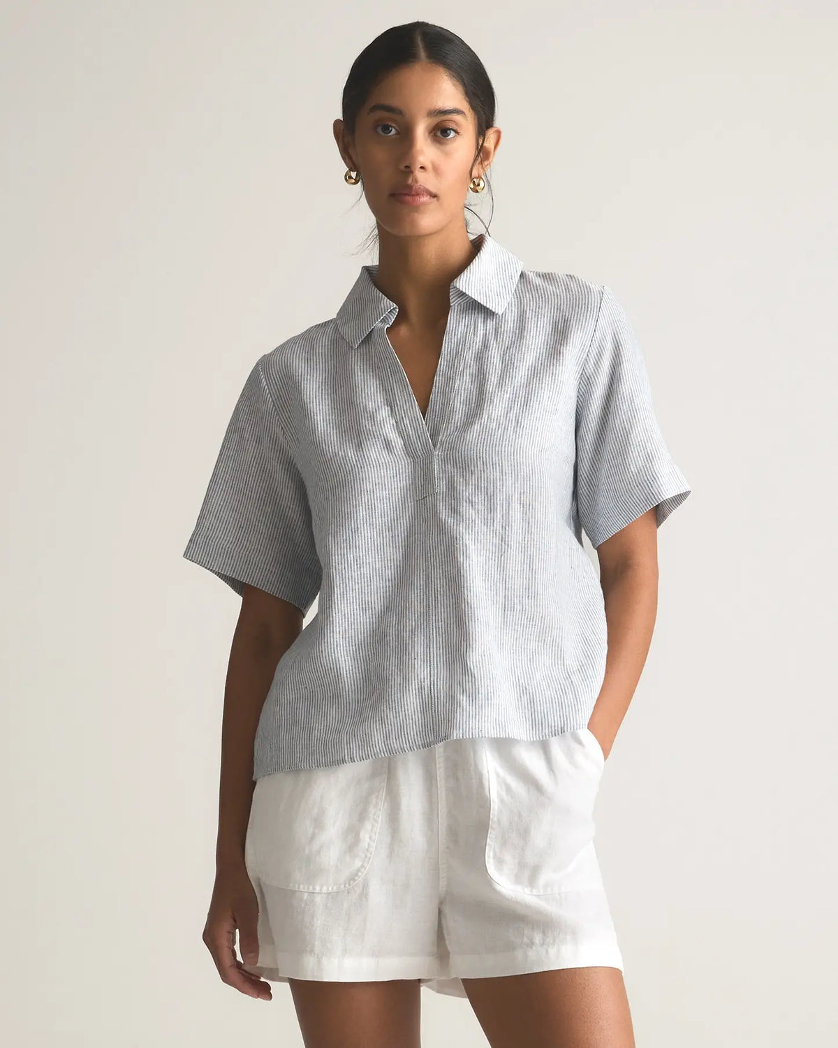 Quince Linen Striped Popover Top (L)