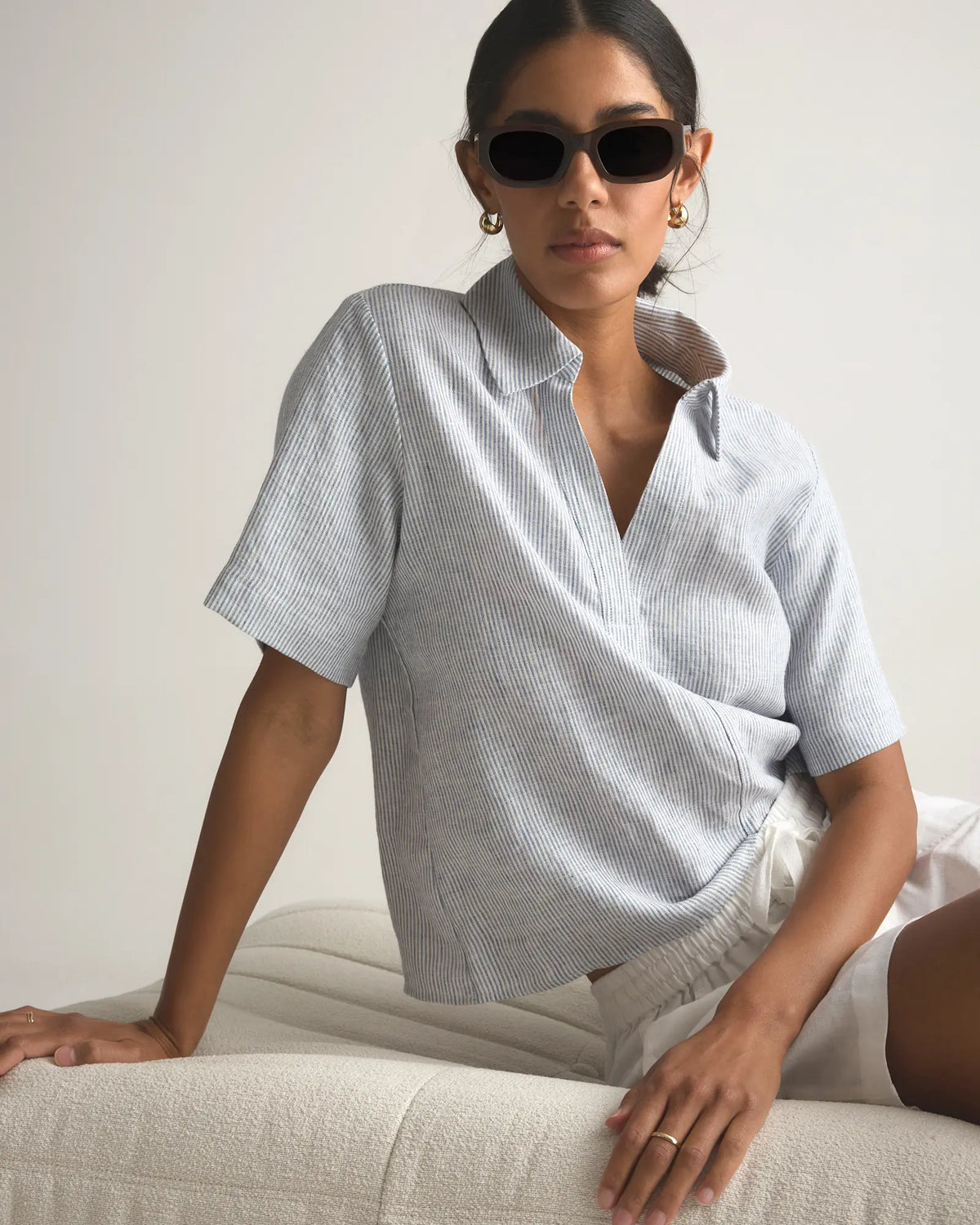 Quince Linen Striped Popover Top (L)