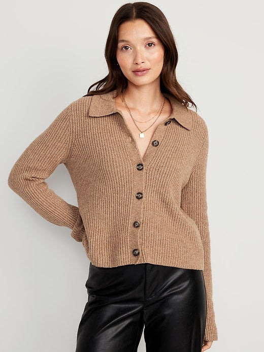 Brown Ribbed Button Up Sweater (M)