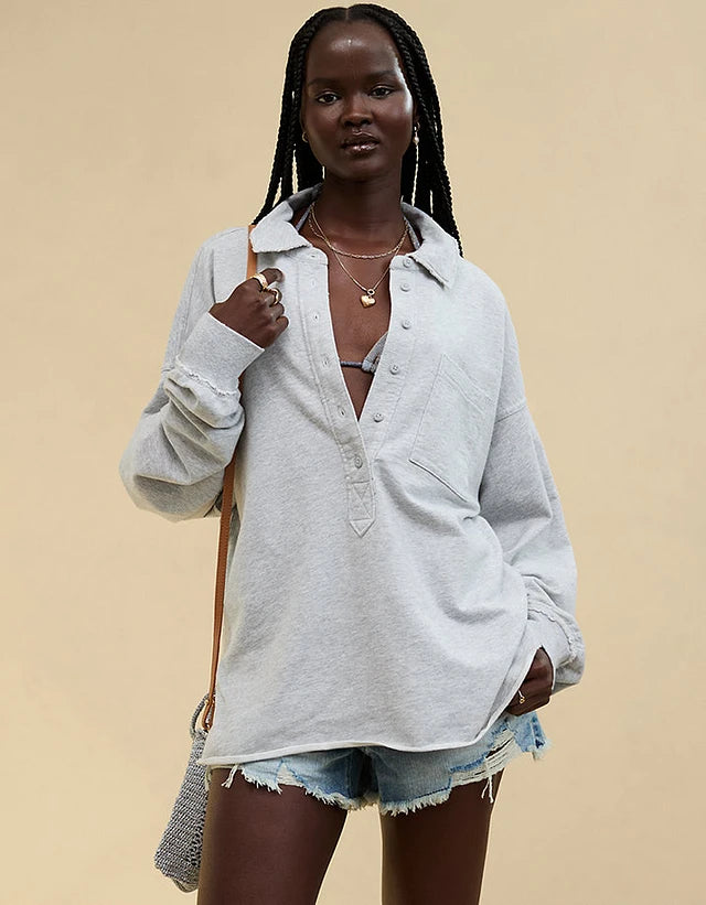 Aerie Gray Oversized Henley Sweatshirt (XL)