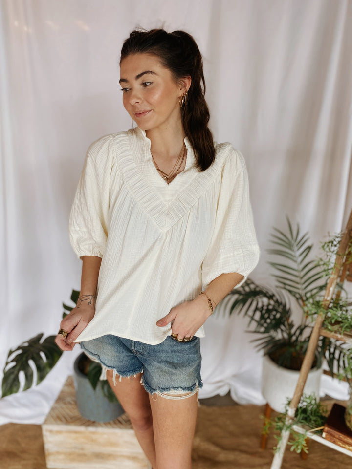 Gauze Puff Sleeve Blouse (L)