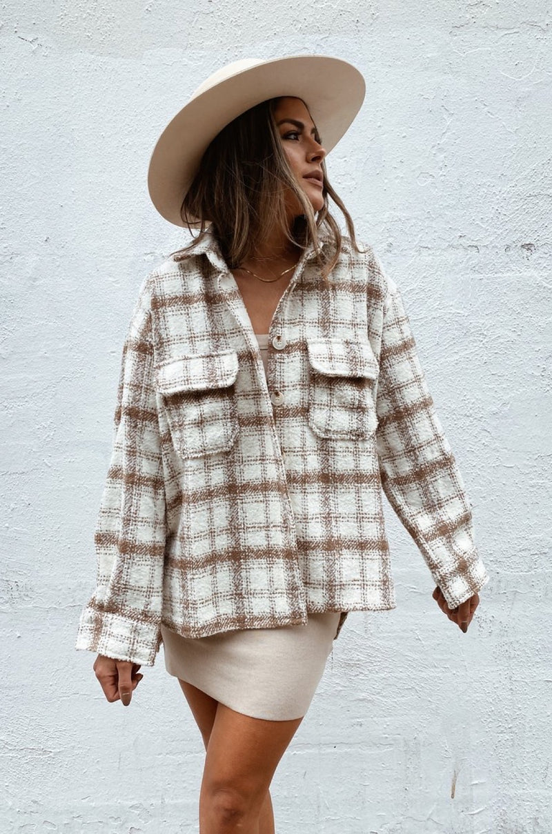 Sadie & Sage Neutral Plaid Shirt Jacket (S)