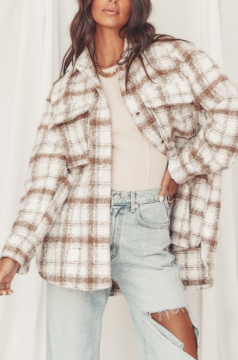 Sadie & Sage Neutral Plaid Shirt Jacket (S)
