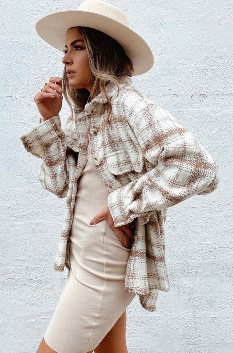Sadie & Sage Neutral Plaid Shirt Jacket (S)