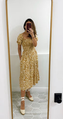 Mustard Floral Midi Dress (L)